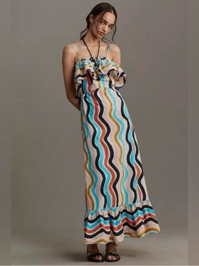 FARM Rio Sleeveless Dancing Stripes Rainbow Ruffle Maxi Dress size medium